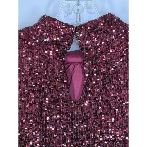 Cable and gauge Merlot rose gold sequin mock neck blouse size large  - Picture 8 of 10
